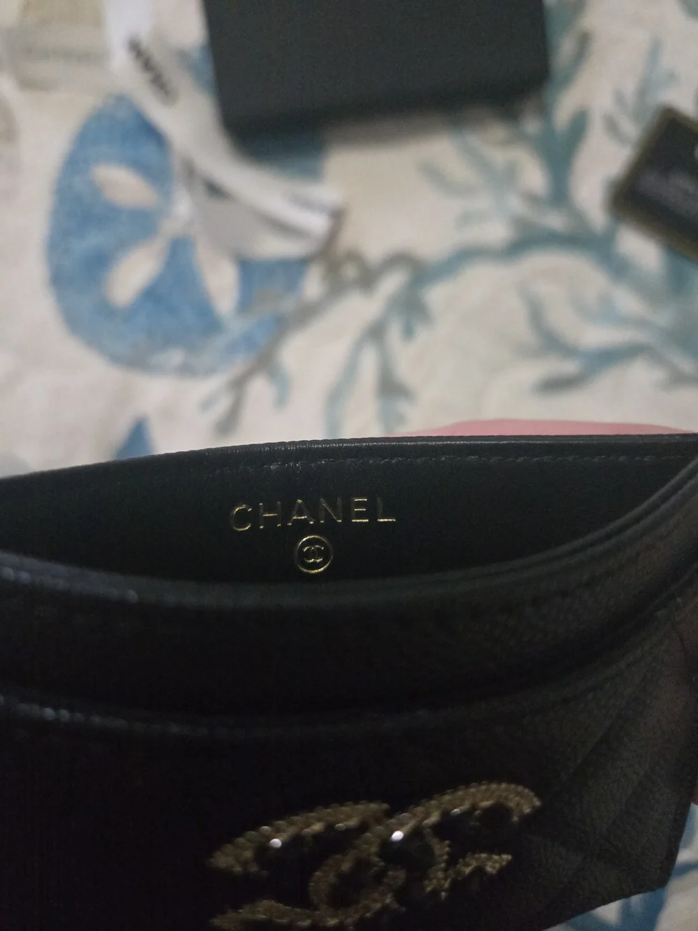 CHANEL Black Quilted Card Case with Rhinestone CC